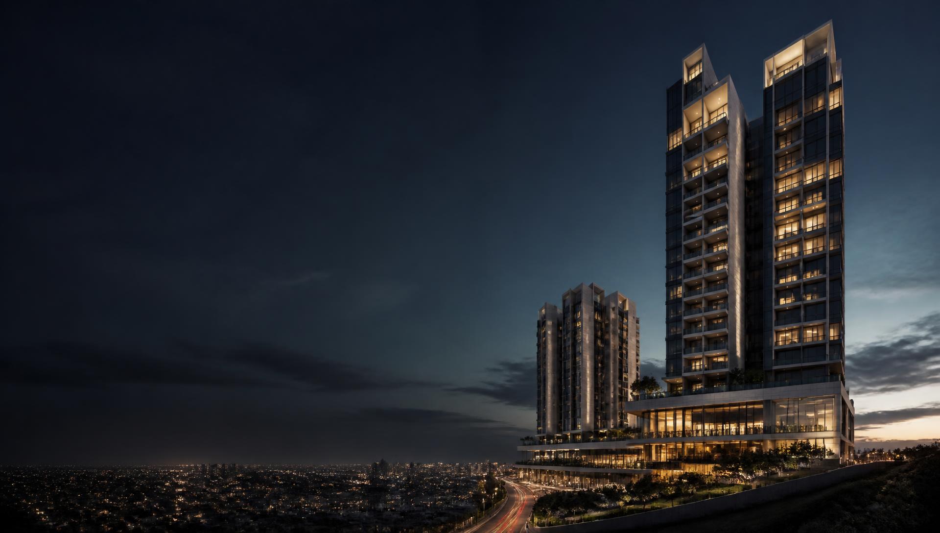 Modern luxury towers overlooking a city at dusk