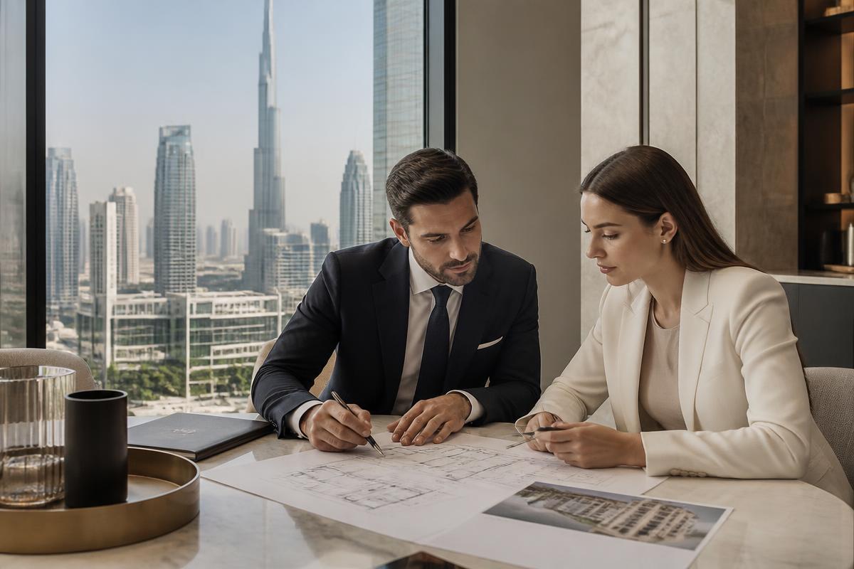 Property investment advisors reviewing plans beside a city skyline