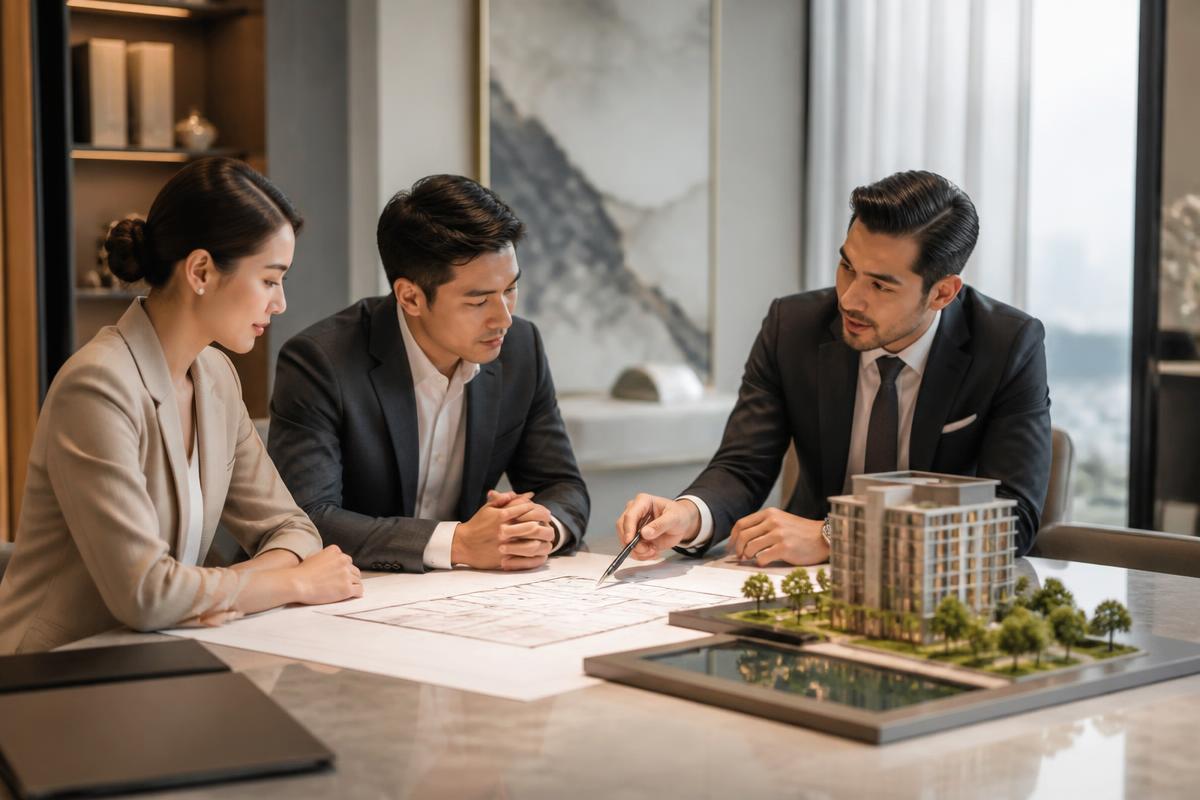 Real estate advisor discussing property strategy with clients